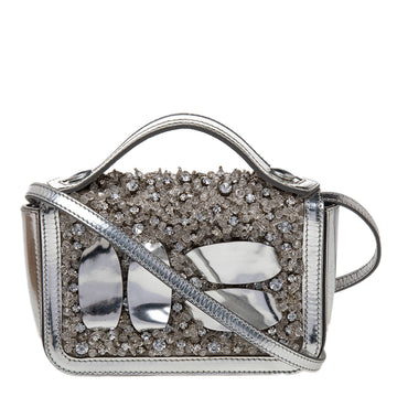 Moschino Silver Patent Leather Embellished Flap Top Handle Bag