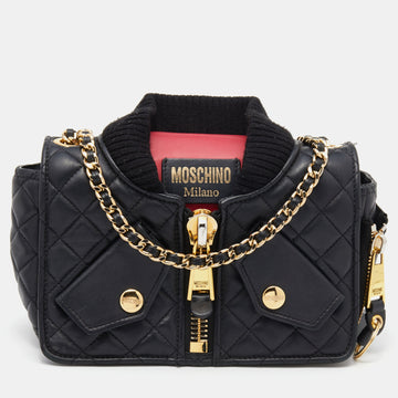 Moschino Black/Red Quilted Leather Bomber Jacket Shoulder Bag
