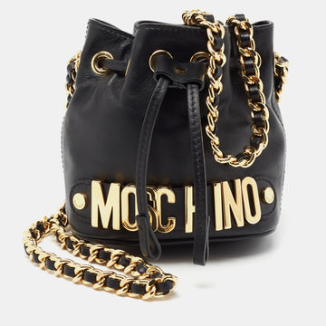Moschino Black Leather Mini Logo Drawstring Bucket Bag