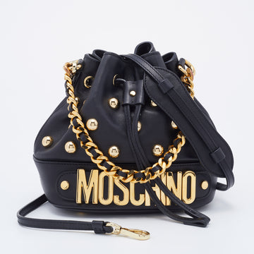 Moschino Black Leather Studded Drawstring Bucket Bag