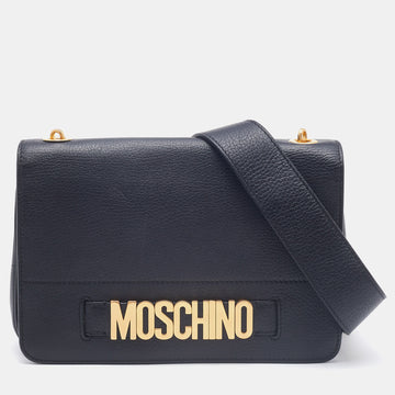 Moschino Black Leather Logo Flap Crossbody Bag