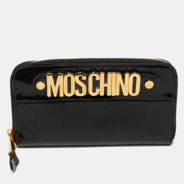 Moschino Black Patent Leather Logo Zip Around Wallet