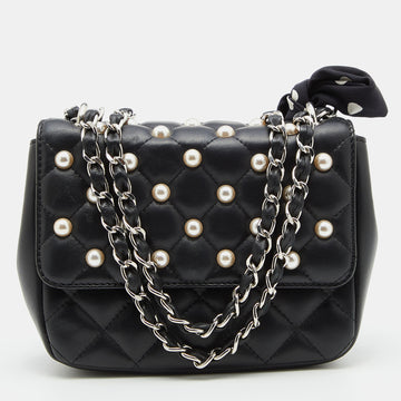 Moschino Black Quilted Leather Faux Pearl Embellished Flap Shoulder Bag