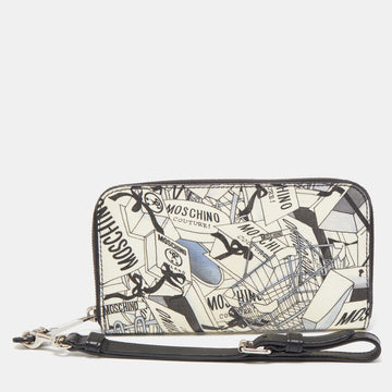 MOSCHINO Black/White Printed Coated Canvas and Leather Zip Around Wristlet Wallet