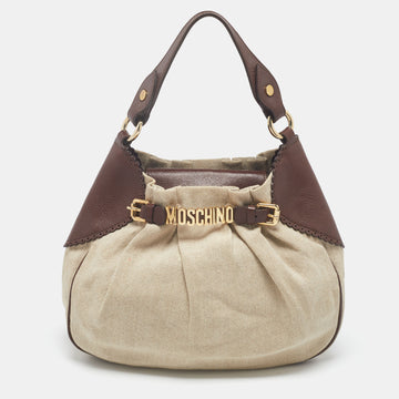 MOSCHINO Beige/Brown Canvas and Leather Hobo