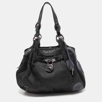 MOSCHINO Black Jacquard Canvas and Patent Leather Padlock Hobo