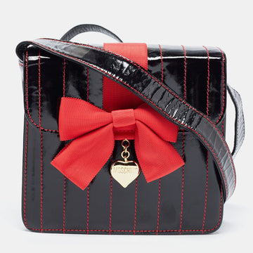 MOSCHINO Black Quilted Patent Leather Bow Crossbody Bag