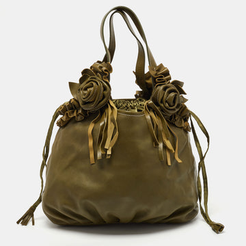 MOSCHINO Green Leather and Satin Floral Applique Drawstring Bag