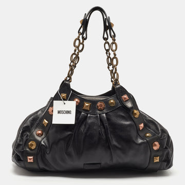 MOSCHINO Black Leather Embellished Chain Link Satchel