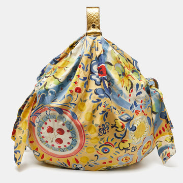 MOSCHINO Multicolor Floral Print Fabric and Watersnake Leather Hobo