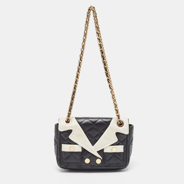 MOSCHINO Black/White Quilted Leather Jacket Shoulder Bag