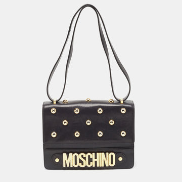 MOSCHINO Black Leather Studded Logo Flap Crossbody Bag