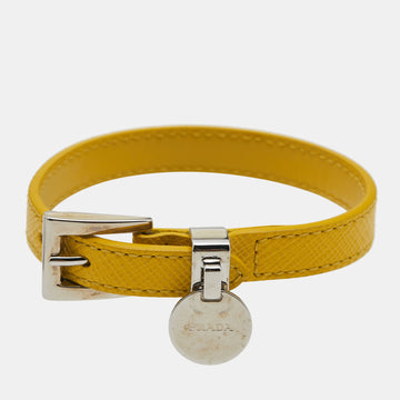 Prada Yellow Saffiano Leather Logo Charm Wrap Bracelet