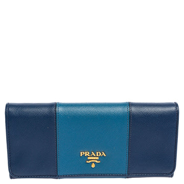 Prada Two Tone Blue Saffiano Lux Leather  Flap Continental Wallet