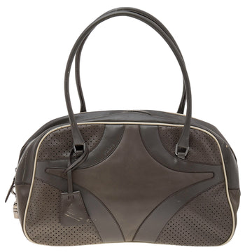 Prada Grey/White Vitello Drive and Perforated Leather Bowler Bag