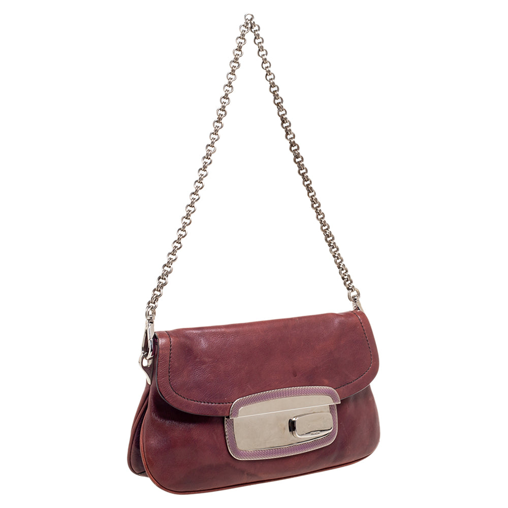 Prada Purple Leather Metal Mirror Flap Chain Baguette Bag