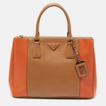 Prada Brown/Orange Bicolor Saffiano Lux Leather Medium Galleria Double Zip Tote
