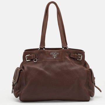 Prada Dark Brown Leather Vitello Daino Side Pocket Shoulder Bag