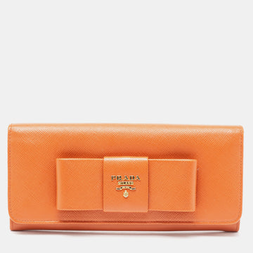 Prada Orange Saffiano Lux Leather Bow Flap Continental Wallet