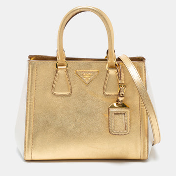 Prada Gold/White Saffiano Lux Leather Small Tote