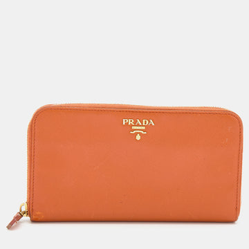 Prada Orange Saffiano Leather Zip Around Continental Wallet
