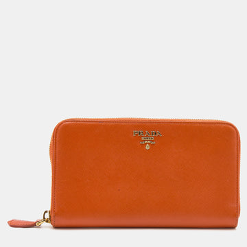 Prada Orange Saffiano Leather Zip Around Wallet