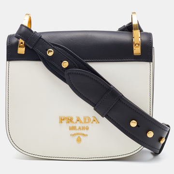Prada White/Black Leather City Calf Pionnière Saddle Bag