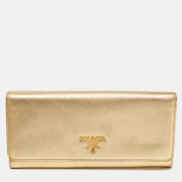 Prada Gold Saffiano Metal Leather Logo Flap Continental Wallet
