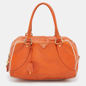 Prada Orange/White Perforated Saffiano Leather Boston Bag