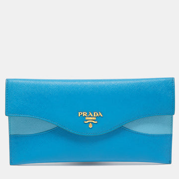 PRADA Two Tone Blue Saffiano Metal Leather Envelope Flap Continental Wallet