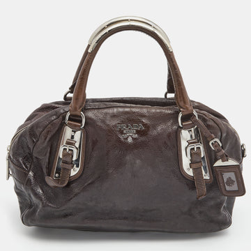 PRADA Dark Brown Crinkled Patent Leather Bowler Bag