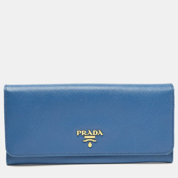 PRADA Blue Saffiano Leather Logo Flap Continental Wallet