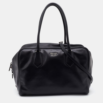 PRADA Black Leather Top Zip Boston Bag