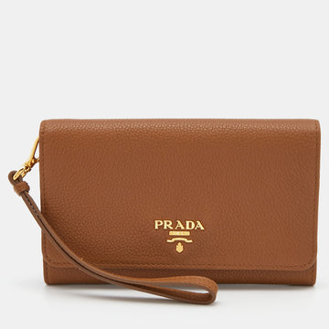 PRADA Tan Leather Flap Wristlet Wallet