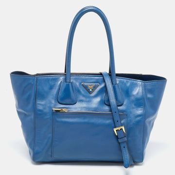 PRADA Blue Leather Front Pocket Wing Tote