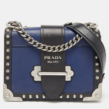 PRADA Blue/Black Leather Cahier Studded Shoulder Bag