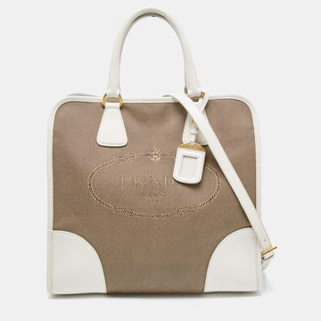 PRADA White/Beige Canvas and Saffiano Leather Large Convertible Tote