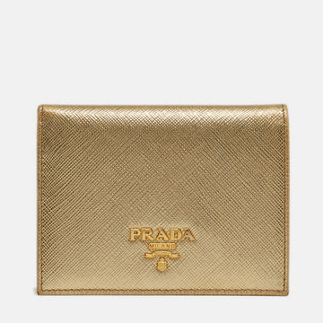 PRADA Gold Saffiano Metal Leather Logo Bifold Wallet