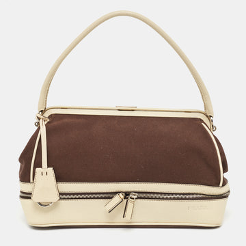 PRADA Brown/Cream Canvas and Leather Frame Doctor Bag