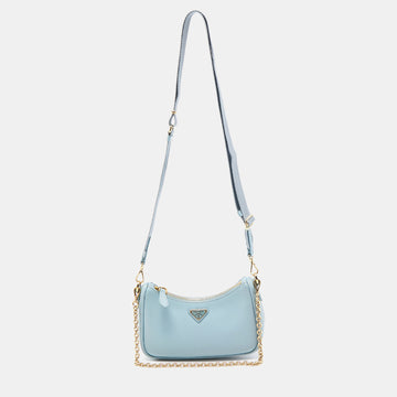 PRADA Light Blue Saffiano Lux Leather Mini Re-Edition Pochette Bag