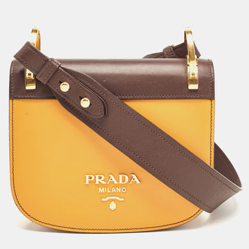 PRADA Mustard Yellow/Choco Brown Leather Pionniere Saddle Bag
