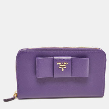 PRADA Purple Saffiano Leather Bow Zip Around Wallet