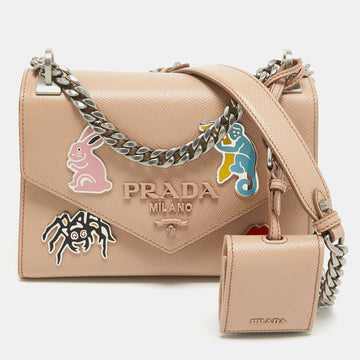 PRADA Beige Saffiano Leather Small Monochrome Embellished Shoulder Bag