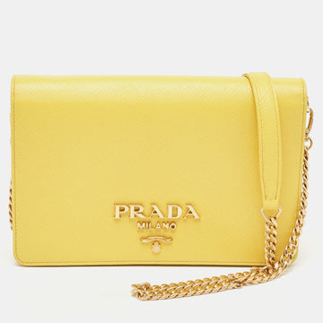 PRADA Yellow Saffiano Lux Leather Mini Flap Crossbody Bag