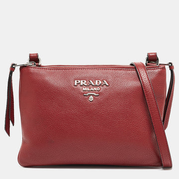 PRADA Red Vitello Phenix Leather Double Zip Crossbody Bag