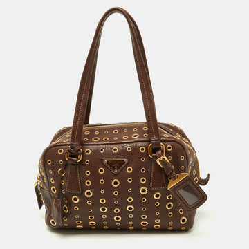 PRADA Brown Leather Zip Grommet Bag