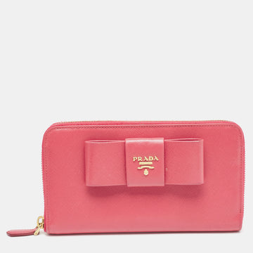 PRADA Pink Saffiano Leather Bow Zip Around Wallet