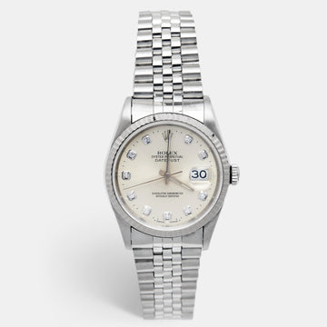 ROLEX Silver 18K White Gold Stainless Steel Diamond Datejust 16234 Men's Wristwatch 36 mm