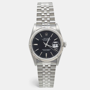 ROLEX Black 18K White Gold & Stainless Steel Datejust 16234 Men's Wristwatch 36 mm