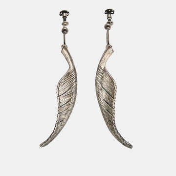 Saint Laurent Feather Shaped Silver Tone Cip On Earrings